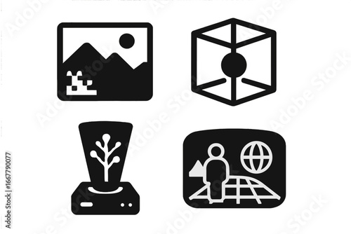 Virtual environment icons, solid filled vector set, digital landscapes, 3D space designs, hologram tree, futuristic virtual reality, immersive tech symbols