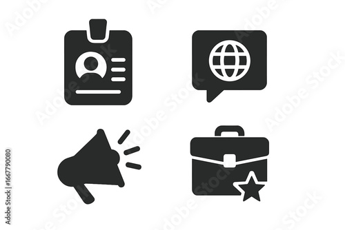 Personal branding solid icon set. Profile badge, global social media, marketing megaphone, and career portfolio symbols. Business identity and self-promotion vector glyphs.
