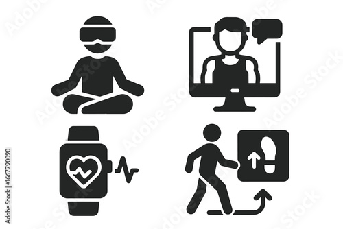 Virtual Fitness Icons, Solid Filled Vector Set of Virtual Health and Fitness Symbols including VR Yoga, Virtual Trainer, Heart Rate Monitor, Step Tracker Illustration