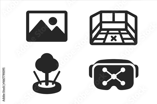 Solid filled icons set of virtual environments, digital landscapes, 3D spaces, hologram tree, virtual reality headset, immersive digital vector illustration