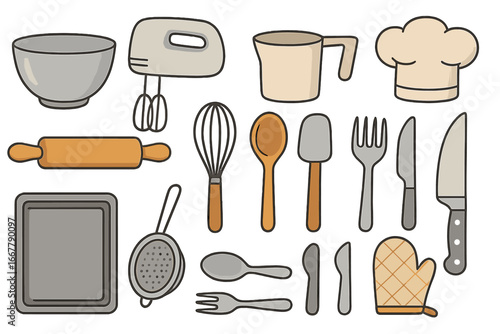 Various Kitchen Tools and Utensils for Baking and Cooking in Minimalist Cartoon Vector Style with Transparent Background, Including Rolling Pin, Whisk, Mixer, Chef Hat, Oven Mitt, and Cutlery Set