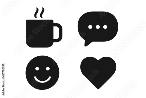 Virtual Coffee Break Icons Set, Solid Filled Vector Symbols of Coffee Mug, Chat Bubble, Smiley Face, Heart, Online Socializing and Relaxation Elements on Transparent Background