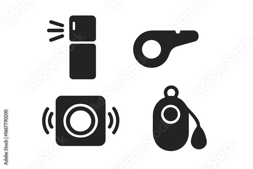 Personal safety vector icon set. Solid glyph symbols for self-defense and protection. Includes pepper spray, emergency whistle, panic button, and portable security alarm device.