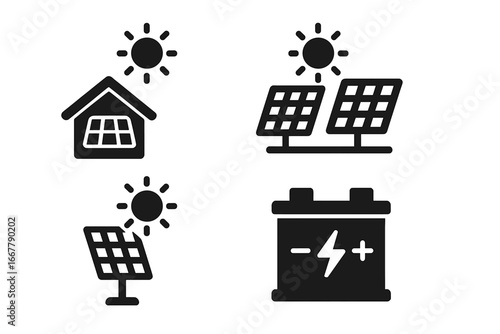 Solar power solid icon set. Renewable green energy concept. Vector glyphs for rooftop panel, solar farm, sun tracker, and battery storage. Photovoltaic technology symbols.