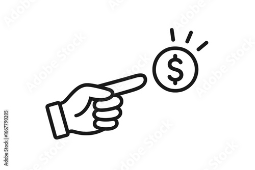 Finger pointing to a dollar coin. Financial concept for payment, cost, price, and business transactions. Minimalist vector icon for money, currency, finance, and earning.