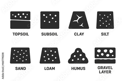 Soil layers solid icon set. Earth ground cross-section symbols. Vector silhouette collection of topsoil, subsoil, clay, silt, sand, loam, humus, gravel for geology infographic.