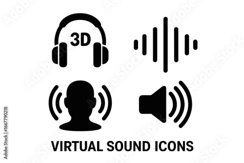 Virtual Sound Icons Vector, Solid Filled 3D Headphones, Sound Wave, Binaural Head, Echo Sound Effect, Immersive Audio Experience, Black Minimalist Symbols, Transparent Background