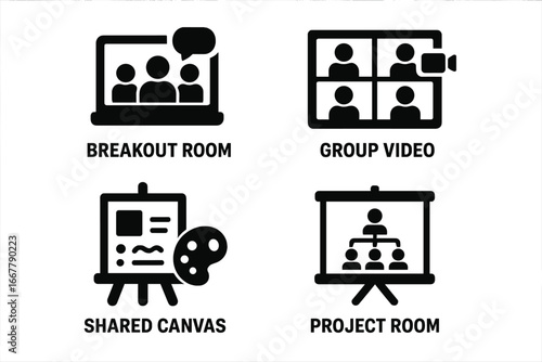 Virtual Team Collaboration Icon Set, Solid Filled Vector Graphics of Modern Workspace Features Including Breakout Room, Group Video Call, Shared Canvas, Project Room