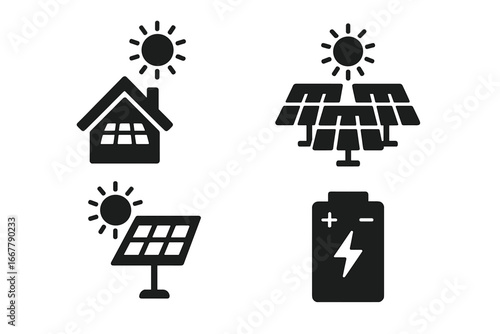 Solar power solid icon set. Renewable energy vector pictograms. Rooftop solar for home, solar farm, sun tracker, and battery storage. Green energy electricity symbols.