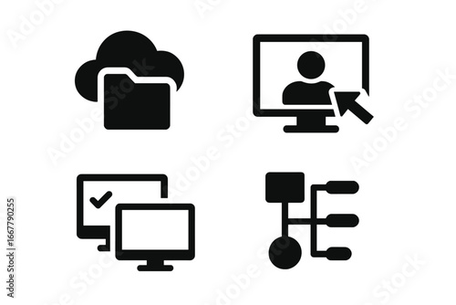 Virtual Workspace Icons, Solid Filled Vector Set of Cloud Folder, Remote Desktop Access, Shared Screen Collaboration, Workflow App Interface, Digital Workspace Tools