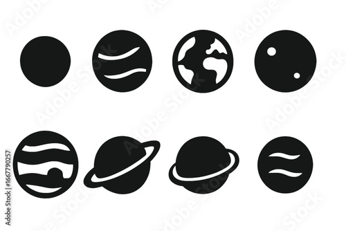 Solar system planet icons. Solid glyph icon set of planets Mercury, Venus, Earth, Mars, Jupiter, Saturn, Uranus, Neptune. Astronomy symbol collection. Space vector logo