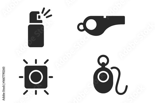 Personal safety devices glyph icon set. Self defense equipment vector illustration. Collection of protection symbols: pepper spray, mace, emergency whistle, panic button, SOS alarm.