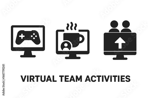 Virtual Team Activities Icons Set, Solid Filled Vector Illustration of Online Gaming, Virtual Coffee Break, Screen Sharing, Collaborative Remote Work Tools