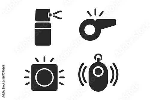 Personal safety device icon set. Self defense equipment solid glyphs. Contains pepper spray, whistle, panic button, sos alarm. Security and protection vector symbols collection.