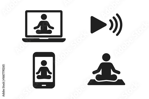 Virtual yoga icons solid filled set with online yoga session on laptop, streaming audio symbol, smartphone yoga app, virtual yoga mat and meditation pose vector illustration