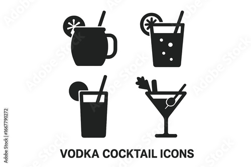Solid filled vodka cocktail icons set including Moscow Mule, Vodka Tonic, Screwdriver, Bloody Mary, and Vodka Martini vector illustration in black silhouette style