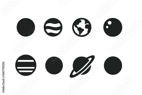 Solar system planets icon set. Solid glyph vector collection of Mercury, Venus, Earth, Mars, Jupiter, Saturn, Uranus. Astronomy symbols. Minimalist space objects silhouette.