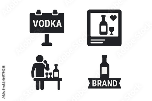 Vodka marketing icons set, solid filled vector illustrations of vodka advertisement billboard, social media posts, tasting events, and branding elements on transparent