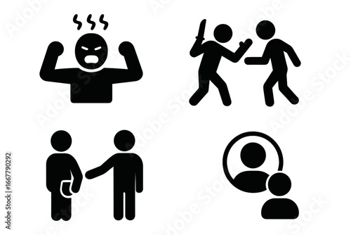 Personal safety icons set. Aggressive person, mugging, pickpocketing, and stalking. Solid glyph pictograms of crime, violence, robbery, and theft. Danger and assault vector.