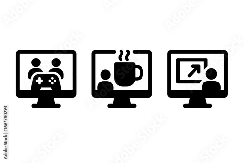 Virtual team activities icons set, online gaming, virtual coffee break, screen sharing, collaboration, remote work communication, digital teamwork symbols, vector illustration