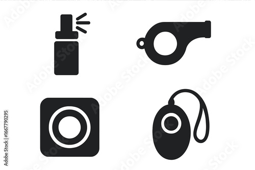 Personal safety icon set. Self defense equipment solid glyph icons. Vector collection of pepper spray, whistle, panic button, and emergency alarm symbols for protection concepts.