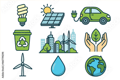Ecology icon set. Green energy and sustainability concept. Renewable resources symbols. Solar panel, wind turbine, electric car, recycle bin. Environment conservation vector.