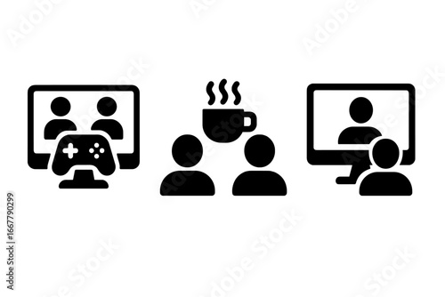 Virtual Team Activities Concept, Solid Filled Icon Set Featuring Online Gaming, Virtual Coffee Break, Screen Sharing, Remote Collaboration, Digital Work Interaction Vector Illustration