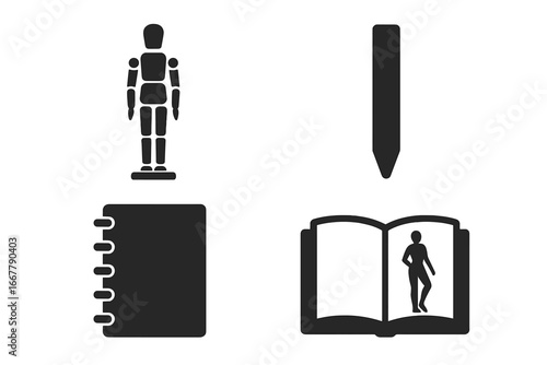 Figure drawing tools solid icon set. Artist supplies for anatomy study and sketching. Articulated mannequin, charcoal pencil, sketchbook, and human pose reference book. Art hobby.