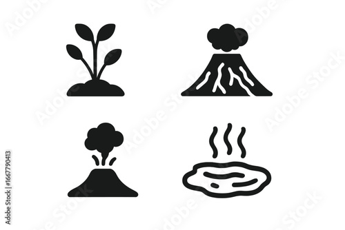 Volcanic Ecology Icons Solid Filled Vector Set of Pioneer Plants Lava Field Geothermal Vent and Hot Spring Volcanic Landscape Nature Symbols Transparent Illustration