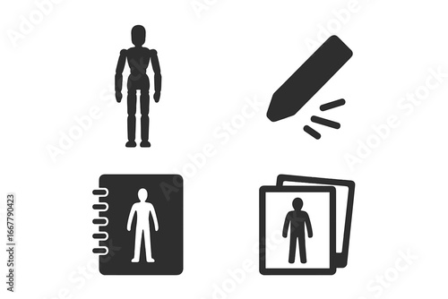Figure drawing solid icon set. Artist tools collection with drawing mannequin, charcoal stick, sketchbook, reference pictures. Art class, creative hobby, learning process concept.