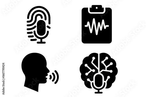 Voice Technology Icon Set, Solid Filled 4-Piece Collection Featuring Voice Recognition Fingerprint, Speech Waveform Analysis, Neural Voice Interface on Transparent Background
