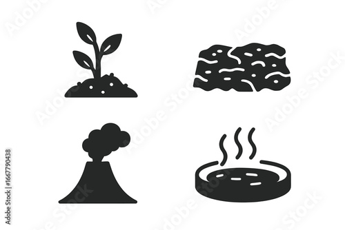 Volcanic ecology icons solid filled vector set featuring pioneer plants growing on lava field, geothermal vent, hot spring symbols for environmental and geological concepts