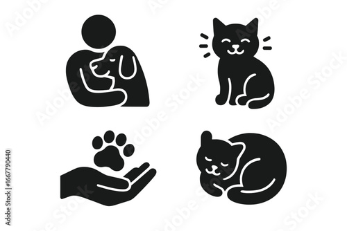 Pet comfort solid icons. Vector glyph set of a person hugging a dog, purring cat, paw in hand, sleeping pet. Concepts of love, care, adoption, friendship, animal welfare.