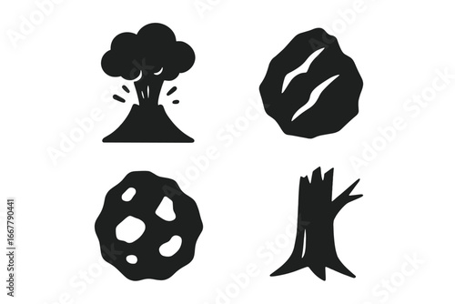 Volcano icon set, solid filled vector illustrations of volcanic eruption, ash cloud, lava fragment, volcanic rock, broken tree trunk, volcanic debris collection