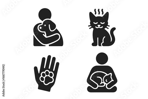 Pet comfort glyph icons. Man hugging dog, cat purring, animal paw in hand, kitten on lap. Pet owner care, love and companionship. Vector silhouettes for adoption, veterinary.
