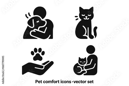 Pet comfort solid icon set. Human and animal bond, friendship, love and care. Person hugging dog, cat purring, hand holding paw, pet on lap. Veterinary vector glyphs.