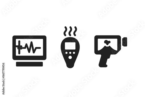 Volcanic Monitoring Icons Set, Solid Filled Vector Illustrations of Seismograph, Gas Analyzer, Thermal Camera, Volcano Activity Detection Tools on Transparent Background