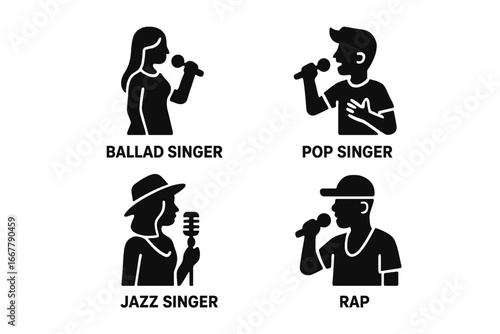 Vocal Styles Icons Solid Filled Vector Set Featuring Ballad Singer, Pop Singer, Jazz Singer, and Rap Performer for Weddings and Parties Illustrations