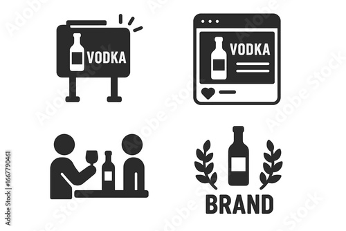 Vodka Marketing Icons Solid Filled Vector Set for Advertising Billboard Social Media Post Tasting Event Brand Promotion Illustration