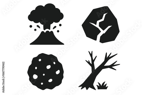 Solid Volcano Icon Set with Volcanic Eruption, Ash Cloud, Lava Fragment, Volcanic Rock, Broken Tree, Vector Illustrations on Transparent Background
