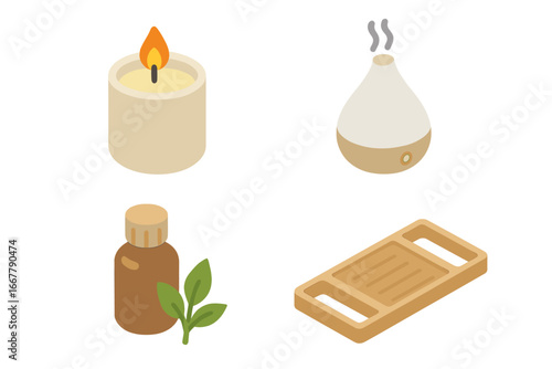 Spa wellness isometric icon set. Aromatherapy concept with scented candle, essential oil, air diffuser. Vector symbols for relaxation, self-care, beauty treatment, and hygiene.