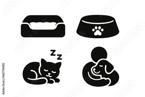Pet care glyph icons set. Domestic animal comfort and relaxation. Pet bed, food bowl, sleeping cat, person hugging dog. Love and care for animals vector symbols collection.