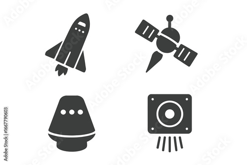 Spacecraft solid icon set. Vector glyph collection of space exploration symbols like shuttle, rocket, satellite, probe, space capsule, ion thruster and starship for sci-fi design.