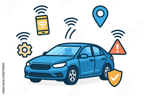 Wireless technology in automotive industry showcasing smart car features, safety elements, GPS tracking, mobile connectivity, and futuristic vehicle communication, vector cartoon illustration