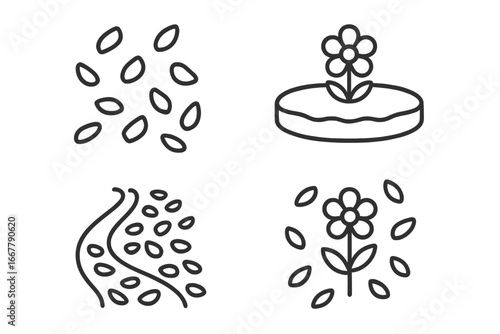 Petal icon collection with four outline designs. Vector graphic set for garden, spring, and romance themes. Features a flower bed, scattered petals, and floral path scenery.