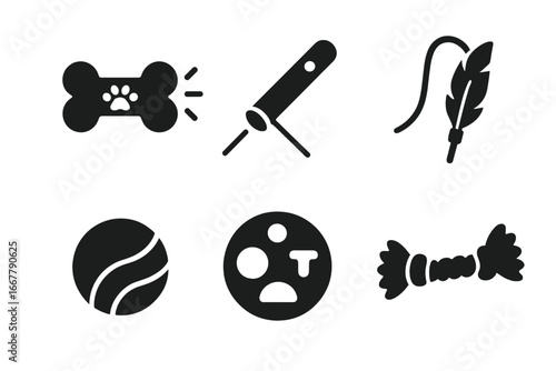 Pet toy icon set. Solid glyph vector collection of dog and cat accessories. Includes squeaky bone, laser pointer, feather wand, ball, puzzle feeder, and tug rope symbols.