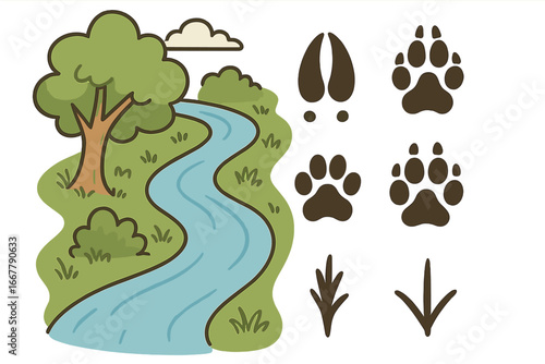 Wildlife tracking symbols showing animal footprints along a river in a natural daytime setting. Vector cartoon illustration with transparent background, nature, forest, riverbank, animal tracks
