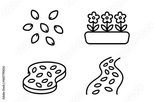 Gardening line icon set. Vector collection of planting seeds, flower bed, garden path, and scattered petals. Outline symbols for spring, nature, and horticulture concepts.