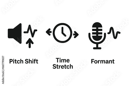 Voice Modulation Icons Vector Set, Solid Filled Symbols Representing Pitch Shift, Time Stretch, Formant Control Techniques for Audio Editing and Sound Design