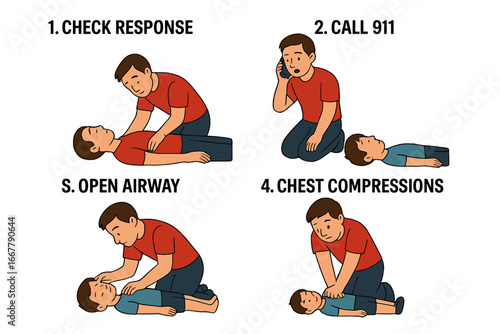 CPR first aid instructional guide for child resuscitation. Emergency medical procedure steps. Check response, call 911, open airway, chest compressions. Vector infographic.